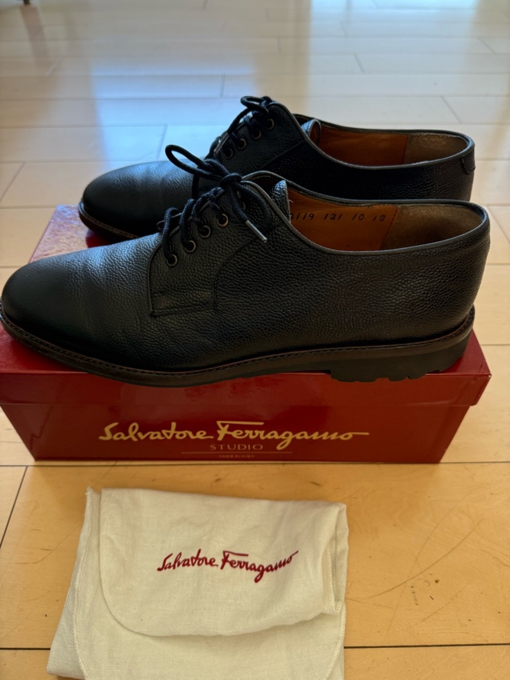 Salvatore Ferragamo Black Pebble Calf Leather Shoes - Men's size 10 D - Picture 3 of 6